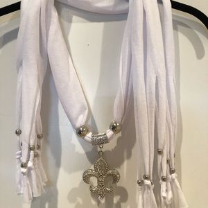 Boho Chic White Scarf with Fleur de Lis accent NWT